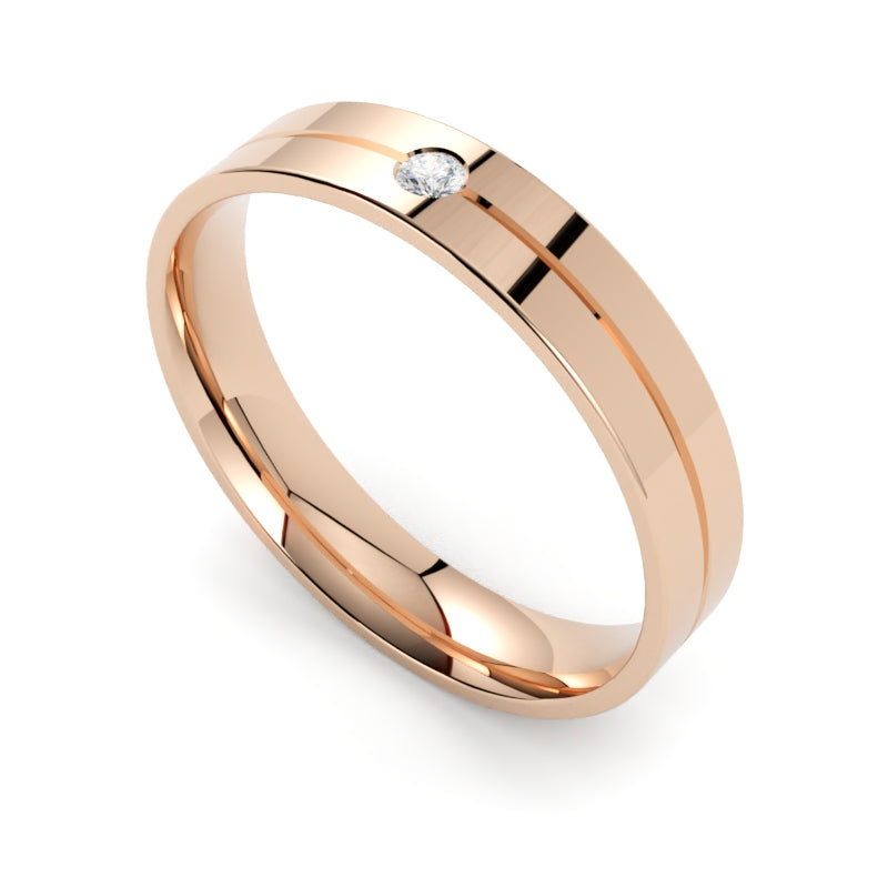Nowoczesna obrączka ślubna 4mm z diamentem, z różowego złota 585, profil płaski GOLDPORT
